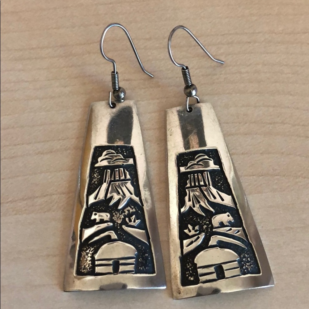 Silver stamped Native American design earrings